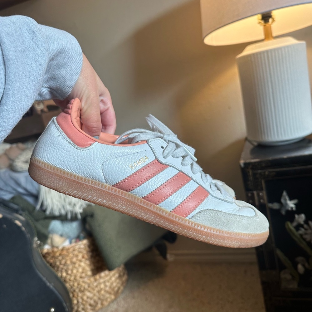 adidas Women’s White and Pink Gazelle-Style Sneakers
